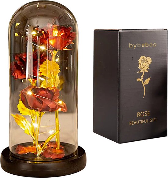 Roses cadeaux d'amour - Rose éternelle - 3x rose rouge / or dans une cloche en verre avec Siècle des Lumières LED - Cadeau romantique pour femme, petite amie, elle, mère - Anniversaire - Mariage - Noël - Fleurs artificielles