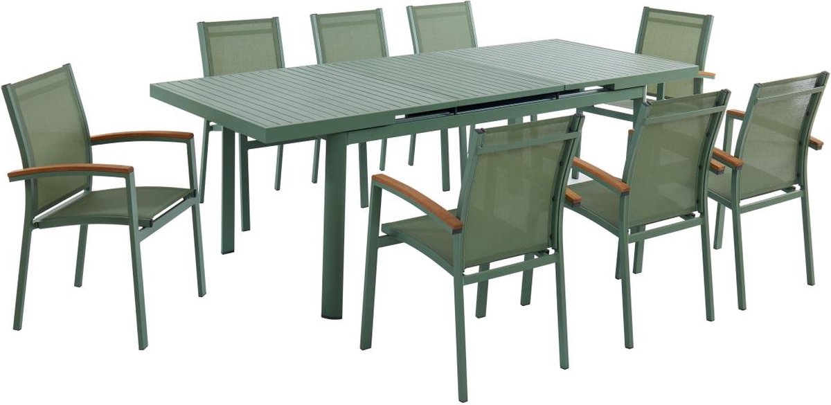 MYLIA Tuineethoek van aluminium: een uitschuifbare tafel 180/240 cm en 8 opstapelbare fauteuils met armleuningen van acaciahout - Amandelgroen - NAURU L 240 cm x H 89 cm x D 100 cm