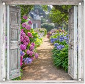 Tuinposter doorkijk deur - Bloemen - Hortensia - Paars - Natuur - Zomer - Tuindecoratie - Tuin - Tuinschilderij voor buiten - Tuinposters - 50x50 cm - Tuindoek - Schutting decoratie - Schuttingdoek