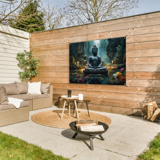 Tuinposter Boeddha - Tuindecoratie Buddha beeld - 120x80 cm - Tuindoek - Muurdecoratie voor buiten - Schuttingposter - Tuinschilderijen Japan zen - Tuinwanddecoratie - Tuinposters