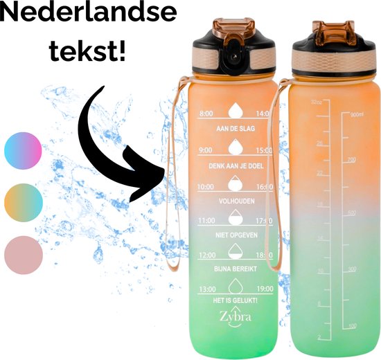 Zybra® Motivatie - Motiverende Waterfles - BPA-vrij - Waterfles Tijdmarkering - 1 Liter - Oranje/Groen