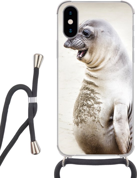 Telefoonhoesje Geschikt voor iPhone X - Zeeolifant - Grappig - Lachen - Kinderen - Jongens - Meisjes - Kids - Siliconen - Crossbody - Backcover met Koord - Telefoonhoesje met koord - Hoesje met touw