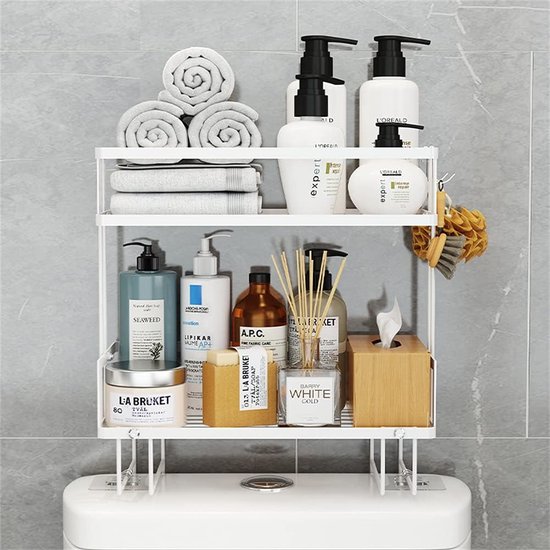 2-laags badkamer boven het toilet opbergrek badkamerorganizer met 2 ophanghaken zelfklevende basis gratis perforatie badkamerplank wit