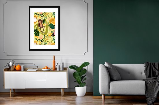 Poster in lijst - Fotolijst 60x90 cm - Posters - Jungle - Planten - Dieren - Geel - Posterlijst zwart - Decoratie - Wanddecoratie woonkamer - Muurdecoratie slaapkamer