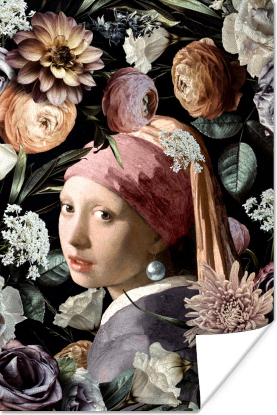Poster Meisje met de parel - Bloemen - Vermeer - Pastel - Kunstwerk - Schilderij - Oude meesters - 20x30 cm