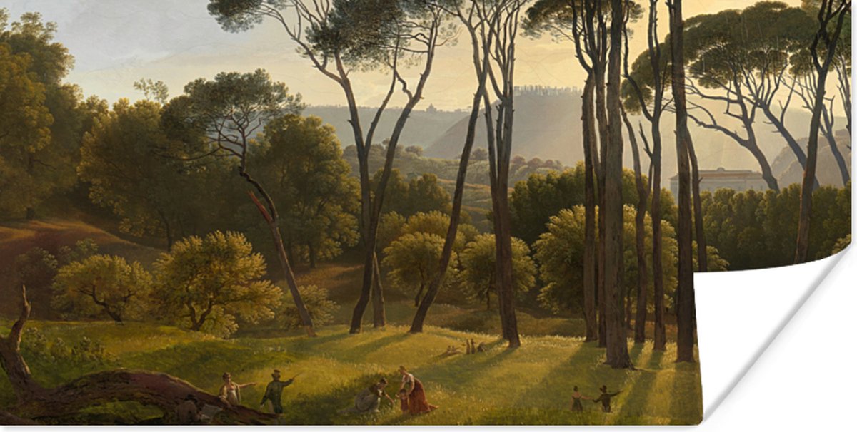 Poster 150x75 cm - Italiaans landschap met parasoldennen - Schilderij van Hendrik Voogd -