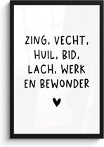 Affiche avec cadre Citation néerlandaise : 'Chantez, combattez, pleurez, priez, riez, travaillez et admirez' sur fond blanc - 40x60 cm