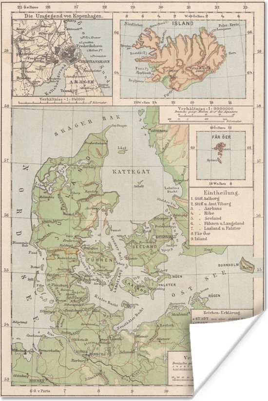 Poster Illustratie van een oude kaart van Denemarken - 40x60 cm
