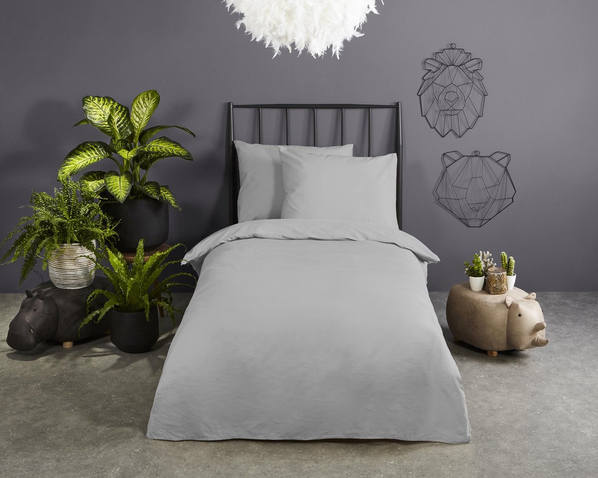 Good Morning dekbedovertrek effen kleur - 1 persoons 140x200/220 cm - Lichtgrijs - 100% Katoen renforce