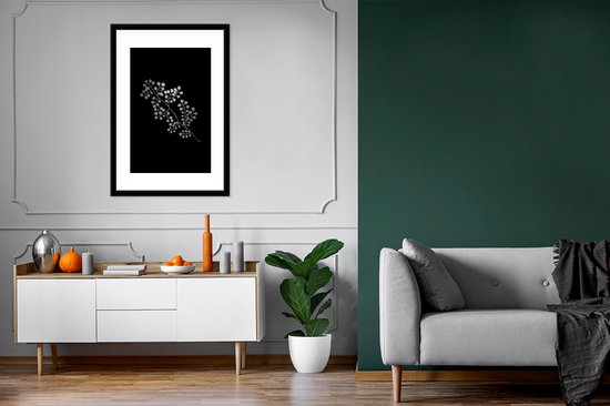 Cadre photo avec affiche Zwart Wit- Branche avec feuilles rondes sur fond noir - noir et blanc - 60x90 cm - Cadre pour affiche