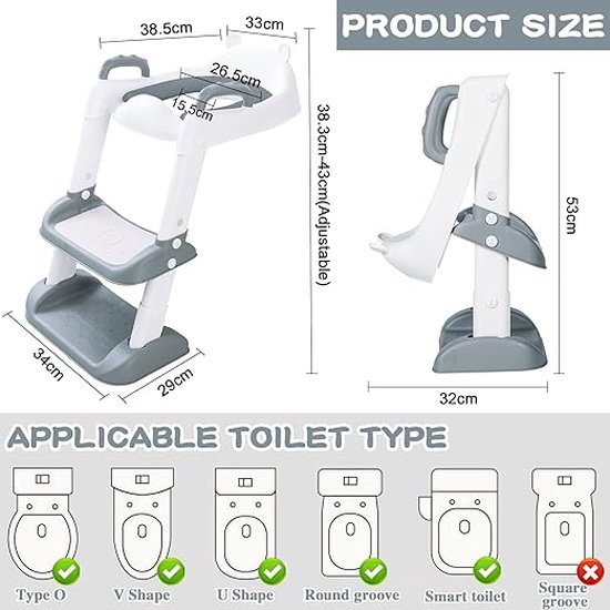 TWOLIIN Toiletbril voor kinderen met trap, verstelbare toilettrainer, leerpotje met PU-zitkussen en handgrepen, opvouwbare wc-bril voor peuters (blauw en paars
