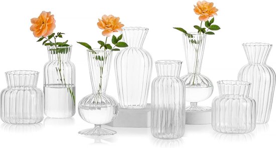 Glasseam Kleine Glazen Vaas Voor Thuis: 5 Kleurrijke Bud Vases Met Houten Dienblad Voor In De Woonkamer Kantoor Eettafel Tafelstuk - Classy Bloemenvazen Set Voor Verjaardag Verjaardagscadeaus