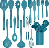 Keukenhulpset, 15-delig siliconen kookgerei kookbestek, hittebestendig kookgerei met gebruiksvoorwerpenhouder, anti-aanbaklaag, keukengerei, vaatwasmachinebestendig, blauw