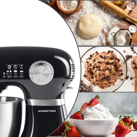 GOURMETmaxx Keukenmachine & roerapparaat, multifunctionele keukenhulp incl. mengkom en opzetstukken, krachtige mixer met garde en meer, elektrische kneedmachine, zwart van Gourmet Maxx — afbeelding 4