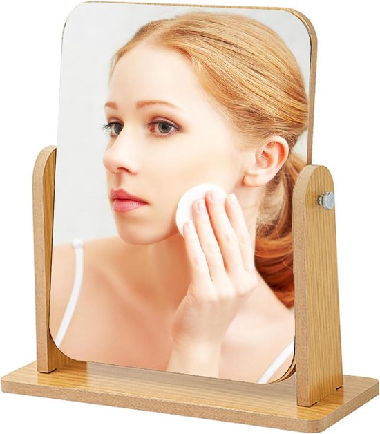 360 Graden Draaibaar Tafelblad Make-up Spiegel met Standaard, Houten Vanity Mirror Desktop Spiegel Houten Frame Cosmetische HD Spiegel voor Kantoor, Slaapkamer, Badkamer, Klein