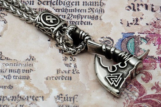 [Two Ravens] Viking Bijl Ketting - Bijl met Valknut Hanger - Viking Hanger - Scandinavische Sieraden - Noorse Mythologie - Asatru - Heidens - Pagan - Spiritueel - Natuur