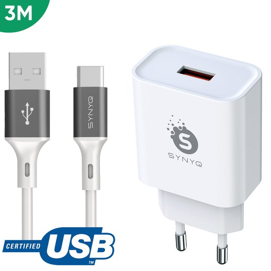 Synyq Snellader - USB-IF gecertificeerd - 3m USB C kabel - USB C Adapter - Oplaadadapter - Oplader Samsung - Snellader Samsung/Xiaomi/Huawei - Snellader iPhone 15 - Wit