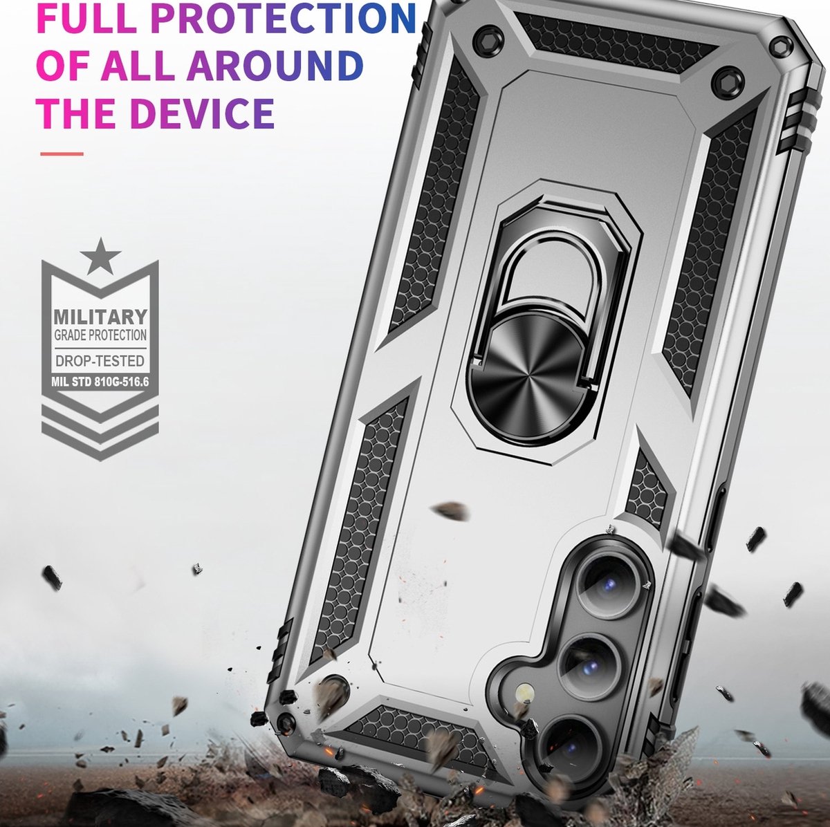 Mobigear Hoesje geschikt voor Samsung Galaxy S23 FE Telefoonhoesje Hardcase | Mobigear Armor Ring Backcover Shockproof met Ringhouder | Schokbestendig Galaxy S23 FE Telefoonhoesje | Anti Shock Proof - Zilver