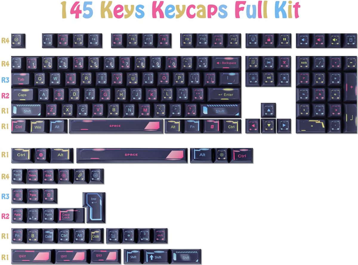 Beroli - Keycaps PBT - 143 Toetsen ANSI & ISO (UK) Layout Keycaps - Dye ...