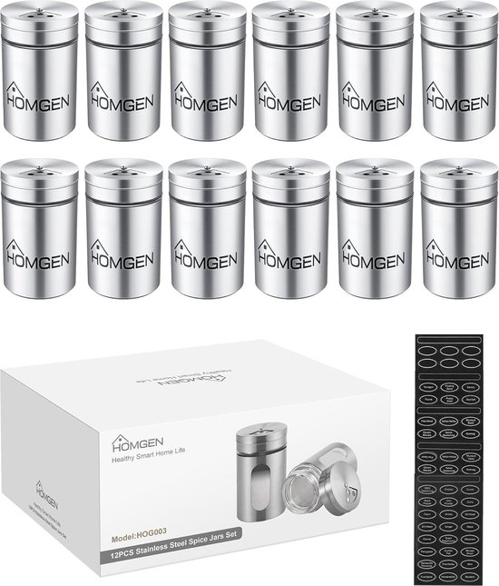 Relaxdays Kruidenpotjes Set Van 12 - Glas Met RVS Deksel, Strooigaatjes 3 Groottes, 90 Ml