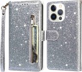 Portemonnee Hoesje - Wallet Case - Rits Sparkly Glitter - Telefoonhoes met Kord Geschikt voor: Apple iPhone 15 Pro Max - Zilver