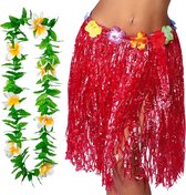 Toppers - Hawaii verkleed rokje en bloemenkrans - volwassenen - rood - tropisch themafeest - hoela