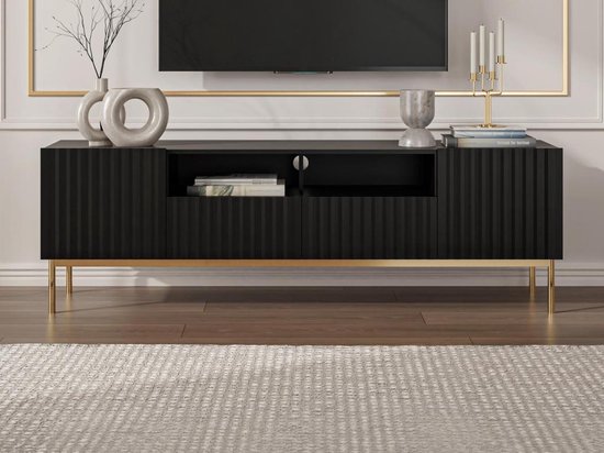 Tv-meubel met 2 deuren, 2 laden en 2 nissen van mdf en staal - Zwart en goudkleurig - EVILANA L 190 cm x H 60.6 cm x D 45 cm