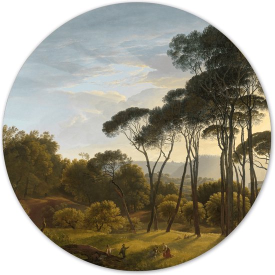 Label2X - Muurcirkel Italiaans landschap met parasoldennen, Hendrik Voogd, 1807 - Ø 60 cm - Dibond - Multicolor - Wandcirkel - Rond Schilderij - Muurdecoratie Cirkel - Wandecoratie rond - Decoratie voor woonkamer of slaapkamer