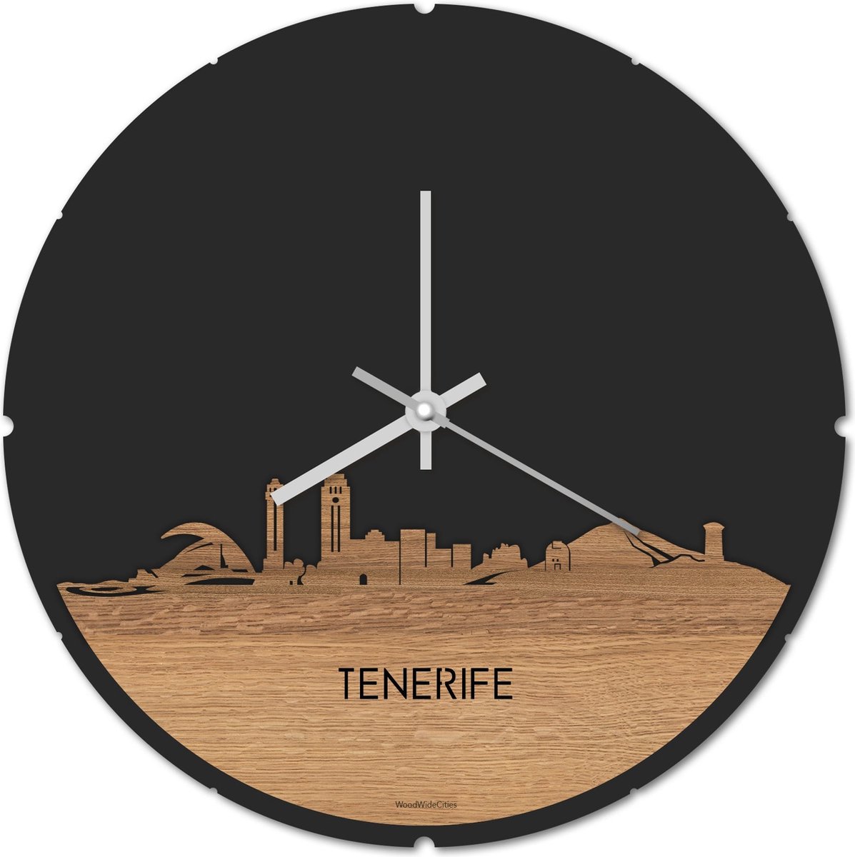 Skyline Klok Rond Tenerife Eikenhout - Ø 44 cm - Stil uurwerk - Wanddecoratie - Meer steden beschikbaar - Woonkamer idee - Woondecoratie - City Art - Steden kunst - Cadeau voor hem - Cadeau voor haar - Jubileum - Trouwerij - Housewarming -