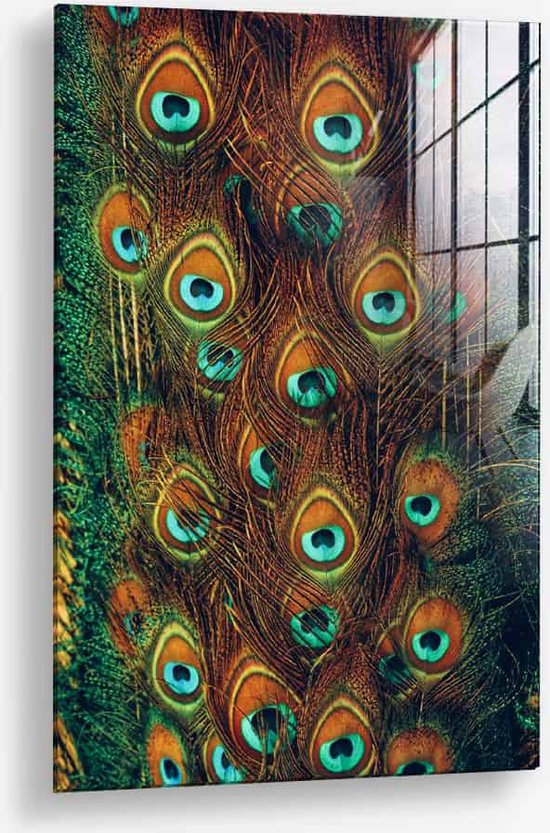 Wallfield™ - Peacock Feathers | Glasschilderij | Muurdecoratie / Wanddecoratie | Gehard glas | 40 x 60 cm | Canvas Alternatief | Woonkamer / Slaapkamer Schilderij | Kleurrijk | Modern / Industrieel | Magnetisch Ophangsysteem