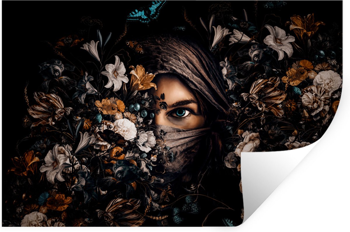 Muurstickers - Sticker Folie - Vrouw - Luxe - Bloemen - Vlinder - Portret - 120x80 cm - Pl