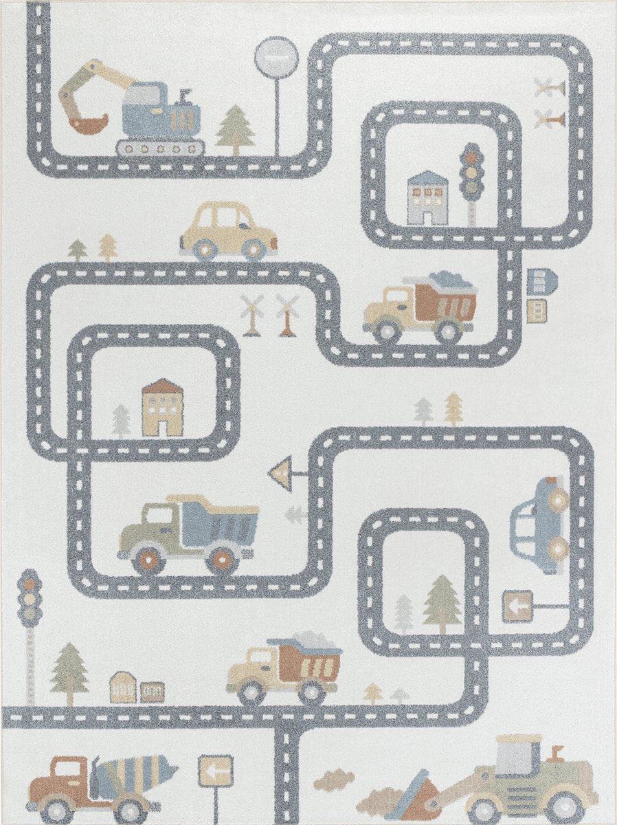 SURYA Vloerkleed - Machinewasbaar Kinderkamer, KinderTapijt, SpeelTapijt - Autocircuit VROOMVILLE - Beige/Grijs - 120x170cm