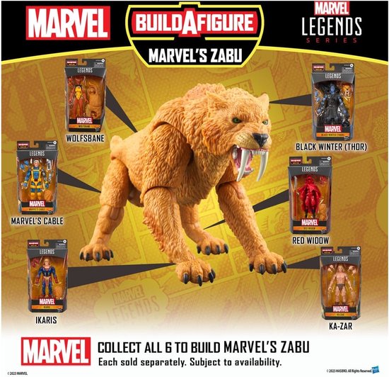 Marvel's Zabu Build-A-Figure met Zabu-kat, Wolfsbane, Cable, Ikaris, Black Winter (Thor), Red Widow, en Ka-Zar.