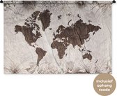 Wandkleed WereldkaartenKerst illustraties - Wereldkaart met ruw houtpatroon versierd met illustraties van bloemen Wandkleed katoen 150x100 cm - Wandtapijt met foto