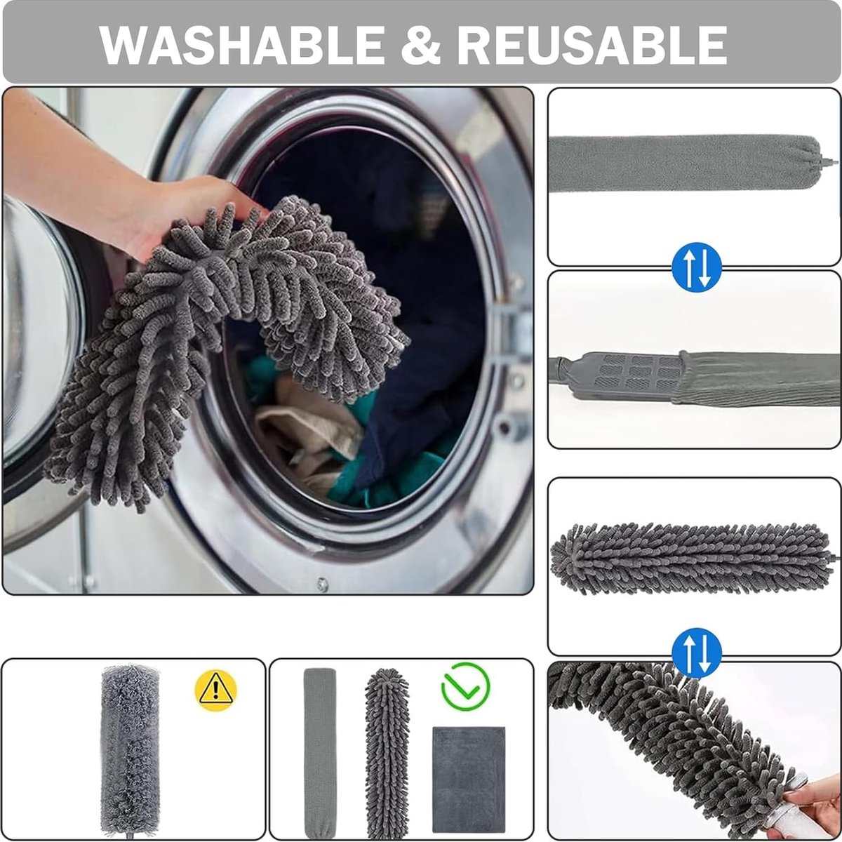 ForDig Plumeau  7-delige Set  - Uitschuifbaar Tot 250 Cm Inclusief Ragebol Voegenborstel Microvezel Doek Chenille Borstel Wasbaar 360 Graden Draaibaar