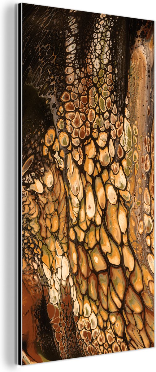 Wanddecoratie Metaal - Aluminium Schilderij Industrieel - Verf - Bruin - Pouring Paint - 20x40 cm - Dibond - Foto op aluminium - Industriële muurdecoratie - Voor de woonkamer/slaapkamer