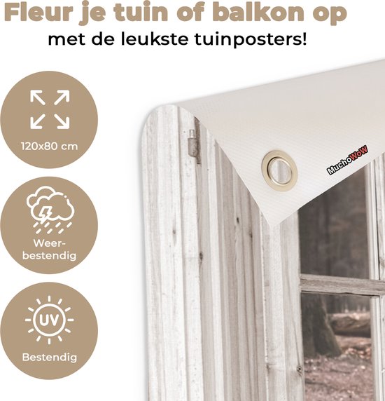Tuinposter van 120x80 cm. Weer- en UV-bestendig met handige ringen. Tekst: 'Fleur je tuin of balkon op'.