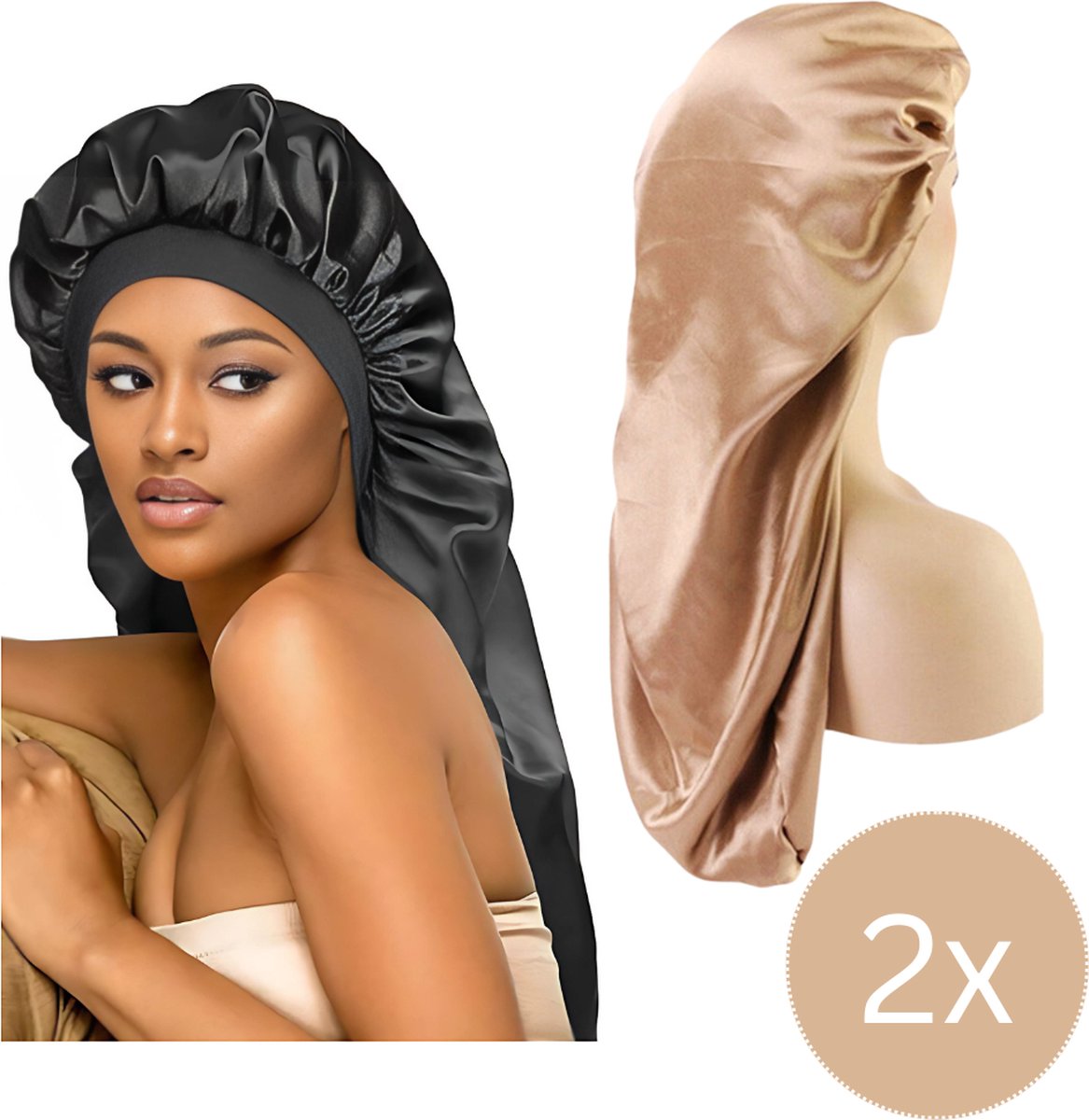 2x Satijnen Slaapmuts Voor Lang Haar en Krullen - Champi & Zwart - Satijnen Bonnet - Slaapmuts Satijn - Satijnen Slaapmuts - Voordeelverpakking