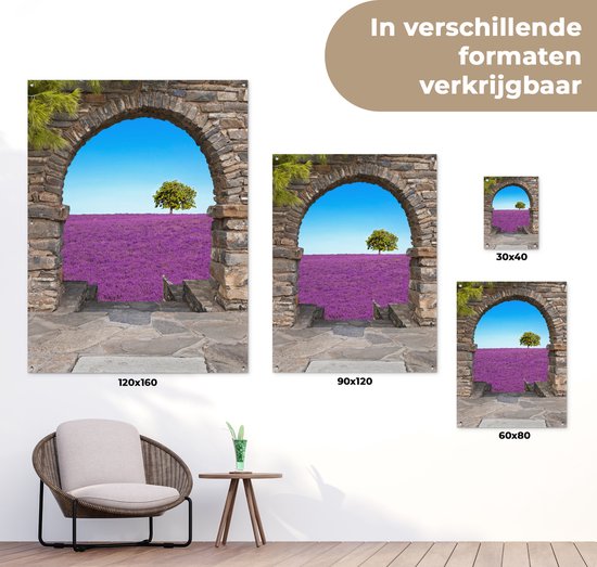 Affiche de jardin - Vue - Lavande - Arbre - Fleurs - Paysage - 90x120 cm - Décoration de clôture - Toile de jardin