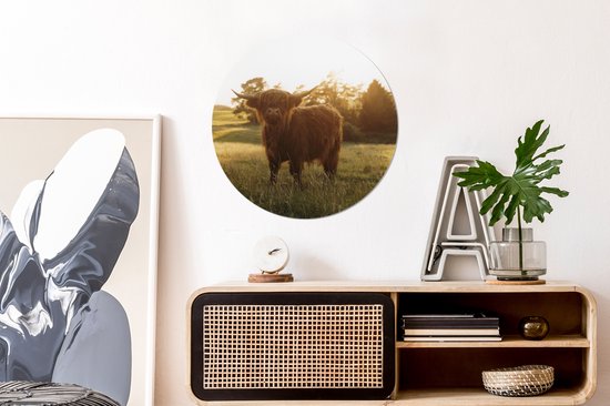 WallCircle - Stickers muraux - Cercle de papier peint - Highlander écossais - Herbe - Soleil - 50x50 cm - Cercle mural - Auto-adhésif - Sticker papier peint rond