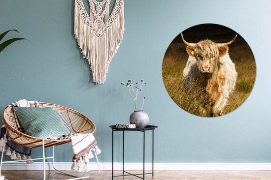WallCircle - Muurstickers - Behangcirkel - Schotse Hooglander - Licht - Gras - Dieren - 100x100 cm - Muurcirkel - Zelfklevend - Ronde Behangsticker XXL