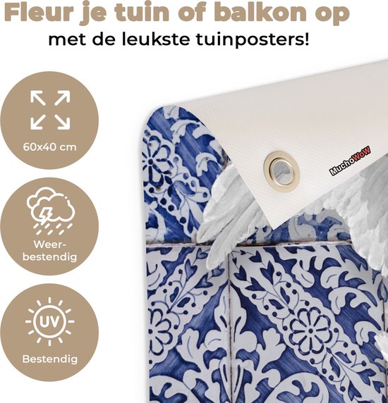 Tuinposter 60x40 cm - Tuindecoratie Zwaan - Kunst - Delfts blauw - Schilderij - Oude meesters - Poster voor in de tuin - Buiten decoratie - Schutting tuinschilderij - Tuindoek muurdecoratie - Wanddecoratie balkondoek