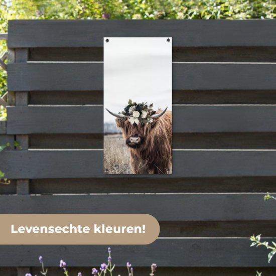 Affiche de jardin Highlander écossais - Fleurs - Animaux - 40x80 cm