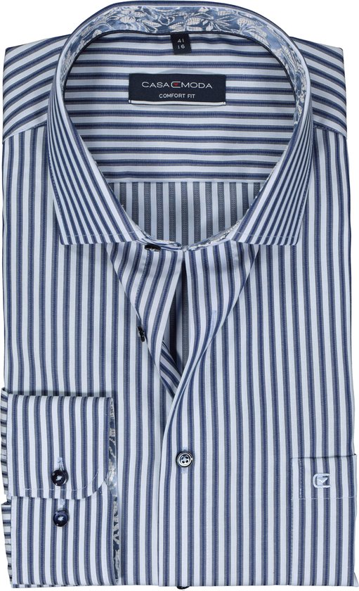 CASA MODA comfort fit overhemd - dobby - blauw met wit en grijs gestreept - Strijkvrij - Boordmaat: 41
