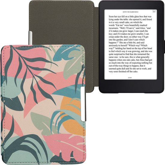 kwmobile e-reader hoesje geschikt voor Amazon Kindle Paperwhite hoes - E reader flip case met magnetische sluiting - Ereader cover - Tropische jungle design in poederroze / geel / groen van kwmobile — afbeelding 2