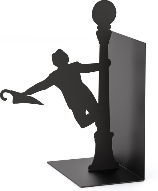 Zwarte metalen boekensteun met silhouet van zingende man met paraplu bij lantaarnpaal.