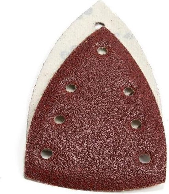 Rood driehoekig schuurpapier met 7 gaten en klittenbandbevestiging.