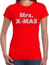 Foute Kerst t-shirt - Mrs. x-mas - zilver / glitter - rood - dames - kerstkleding / kerst outfit S