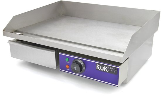 Roestvrijstalen bakplaat met schuine randen, een lade en een paars bedieningspaneel met "KuKoo" logo, draaiknop en indicatielampjes.