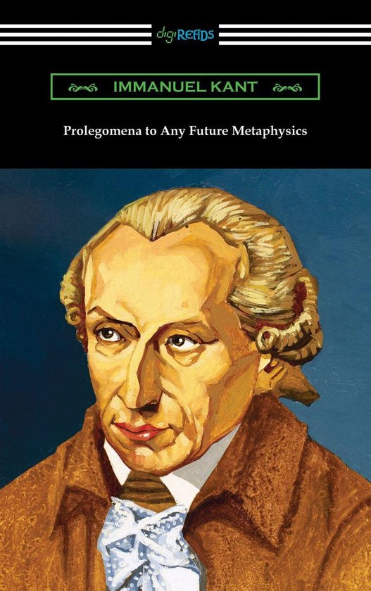 Portret van Immanuel Kant met een bruine jas en een blauw-wit gestrikte das. Boven zijn hoofd de titel "Prolegomena to Any Future Metaphysics".